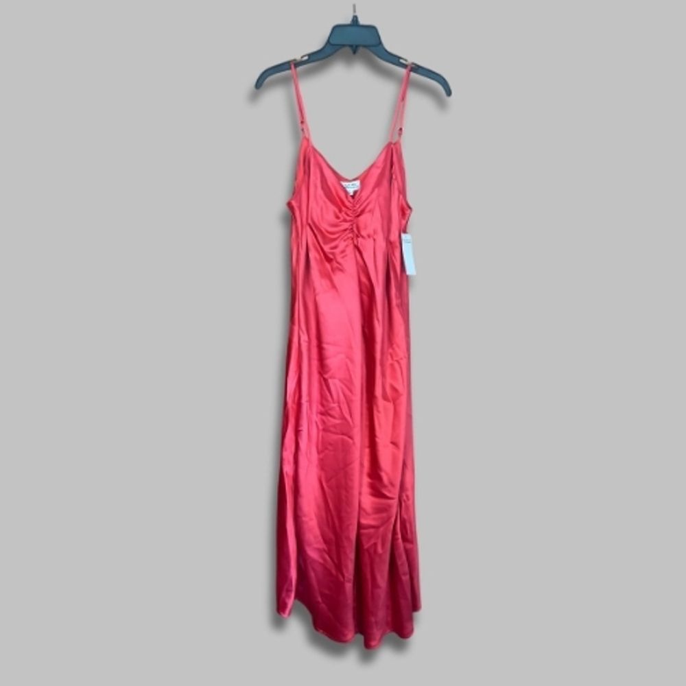 Tahari Arthur S. Levine Slip Midi Dress Satin Ruched Bust Red Side Slit Red W M